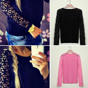 4 6 8 10 Lace Pullover Knitted Sweater Patchwork Black Pink Purple Tops Women