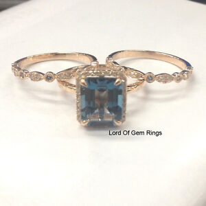 Details about 3 Wedding Ring Sets,London Blue Topaz Diamond 14K Rose ...