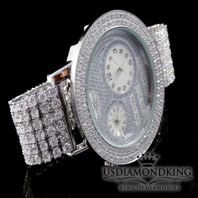 Pre-owned Usdiamondking Men Khronos 14k White Gold Finish 2 Row Dual Timer Genuine Diamond Custom Watch