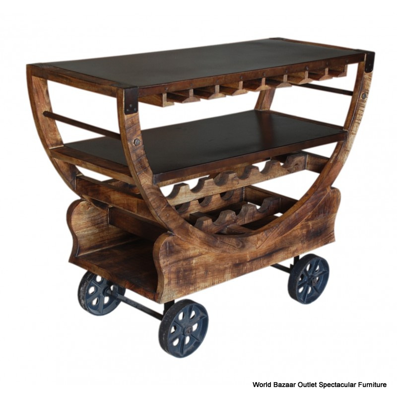 48" Long Bar Cart Wine Rack Rustic Bronze Wheels Solid Mango Wood