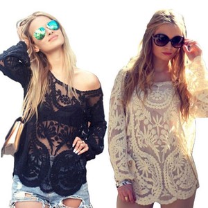 Semi Sheer Women Sleeve Embroidery Floral Lace Crochet T Shirt Top Blouse Tee J