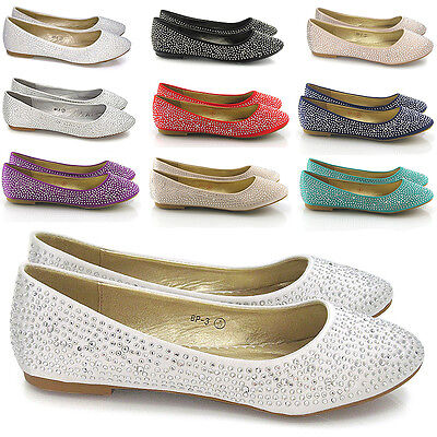 New Womens Brial Diamante Ladies Sparkly Slip On Bridesmaid Shoes Pumps Size
