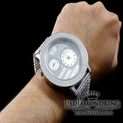 Pre-owned Usdiamondking Men Khronos 14k White Gold Finish 2 Row Dual Timer Genuine Diamond Custom Watch