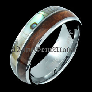 Koa-Wood-Abalone-Shell-Tungsten-Hawaiian-Band-Ring-Comfort-Fit-Dome ...