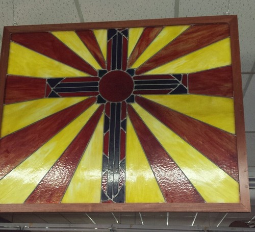 Spectacular Stained Glass Window. 45Lx38w framed. Red Yellow Blue Crucifix