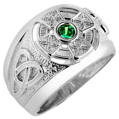 Pre-owned Claddagh Gold Men's White Gold Celtic Ring With Green Emerald (made In Usa)