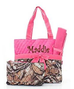 Personalized Natural Camo Diaper Bag Set with Hot Pink Trim Baby Girl Diaperbag