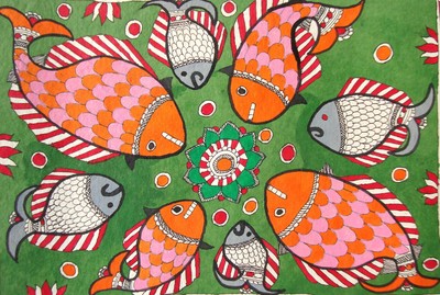 Fish in river Watercolor Drawing Madubani Folk Artwork Painting art Gallery