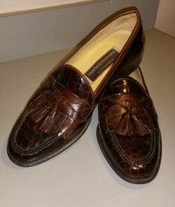 Johnston-Murphy-brown-leather-croc-gator-print-kiltie-tassel-loafers ...