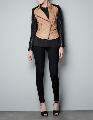 Pre-owned Zara Size M -  Leather Biker Jacket With Zips Two Tone Black Camel Beige Coat In Black/ Camel/ Beige