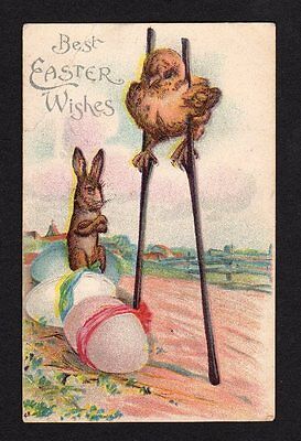 Best Easter Wishes Postcard Chick on Stilts, Rabbit, Decorated Eggs,