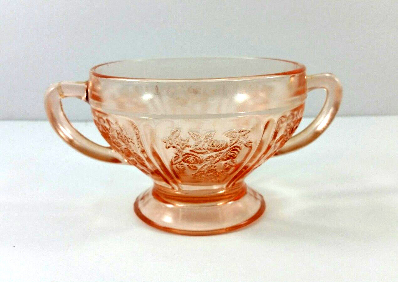 Pink Depression Sugar Dish Bowl Cabbage Rose Design Federal Glass Vintage