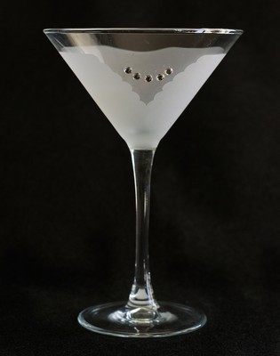Bride & Groom Etched Martini Glasses Bow-Tie & Crystal Necklace Wedding Gift
