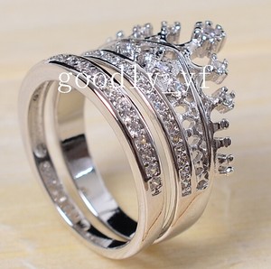 ... 925-Silver-Filled-3A-Zirconia-CZ-Crown-Princess-Women-Wedding-Ring-Set