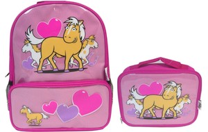 ... Kids-Pink-Pony-School-Set-Backpack-Lunch-Box-Girl-Horse-Childrens-Bag