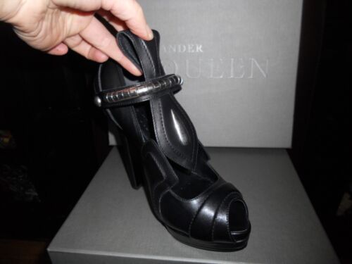 Pre-owned Alexander Mcqueen Metal Embellished Leather T Strap Cutout Platform Shoes $1,435 In Black