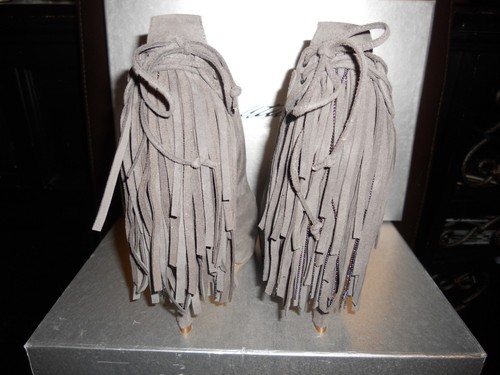 Pre-owned Brian Atwood Verner Suede Fringe Platform Peep Open Toe Pumps Shoes Grey $1,155 In Gray