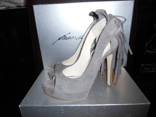 Pre-owned Brian Atwood Verner Suede Fringe Platform Peep Open Toe Pumps Shoes Grey $1,155 In Gray