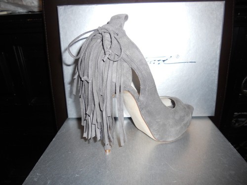 Pre-owned Brian Atwood Verner Suede Fringe Platform Peep Open Toe Pumps Shoes Grey $1,155 In Gray