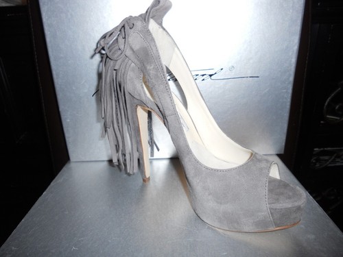 Pre-owned Brian Atwood Verner Suede Fringe Platform Peep Open Toe Pumps Shoes Grey $1,155 In Gray