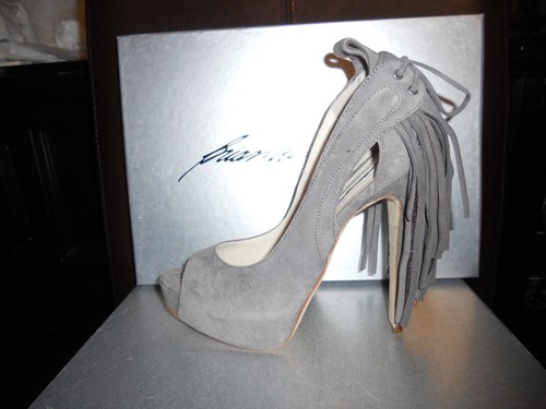 Pre-owned Brian Atwood Verner Suede Fringe Platform Peep Open Toe Pumps Shoes Grey $1,155 In Gray