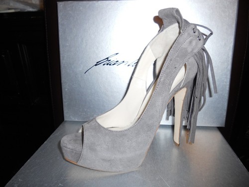 Pre-owned Brian Atwood Verner Suede Fringe Platform Peep Open Toe Pumps Shoes Grey $1,155 In Gray