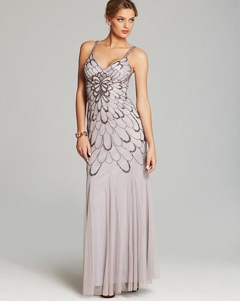 Pre-owned Adrianna Papell Heather Grey Beaded Backless Mesh Art Deco Gown Size 10 $376 In Gray