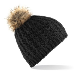 Bonnet tendance noir pompon FOURRURE SYNTHETIQUE ski femme marque