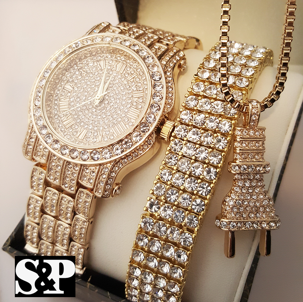 Men Hip Hop Iced Out Lab Diamond Watch & Bracelet & Power Plug Necklace Gift Set