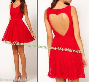 ... -neck-Heart-Cut-out-open-back-button-LACE-Mini-Casual-Club-Dress-red