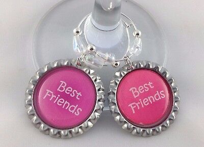 Best Friends Bottle Cap Wine Glass Charms Gift Set of 2. Complete With Gift