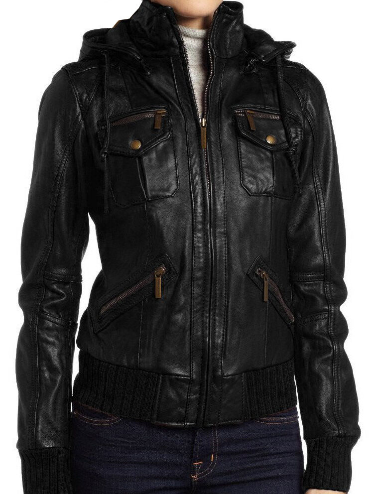 Women's Lambskin Detachable Hooded Leather Bomber Jacket | eBay