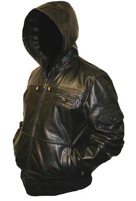 HOODED Leather Bomber Jacket Coat Hoody Black or Brown