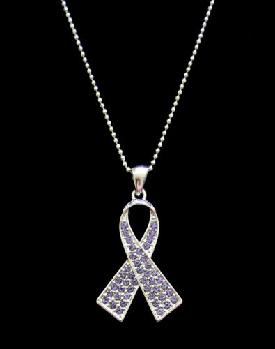CRYSTAL PERIWINKLE RIBBON BOW STOMACH CANCER AWARENESS PENDANT CHARM NECKLACE 