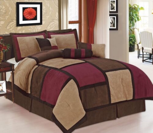 7 Pc Burgundy Brown /& Beige Micro Suede Patchwork Full Size Comforter Set
