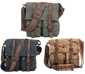 Men-Women-Vintage-Canvas-leather-shoulder-Messenger-School-Bag-Khaki-Black-19B1
