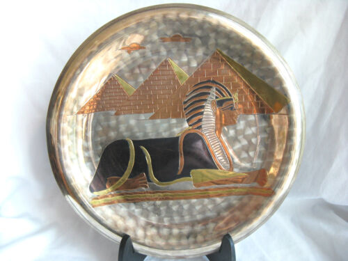 Egyptian Brass Wall Decor Plate Silver Plated Pyramid Sphinx Design 10" 