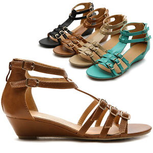 NEW Womens Buckles Accent Gladiator Strappy Low Heels Wedge Sandal ...