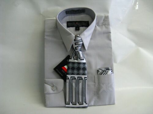 New Daniel Ellissa Boys Silver Grey Dress Shirt with Tie and Hanky sz 4-20