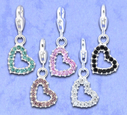 SILVER /&RHINESTONE HEART CLIP ON CHARM IN 5 COLOURS-NEW