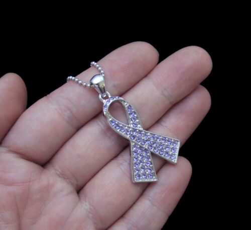 CRYSTAL PERIWINKLE RIBBON BOW STOMACH CANCER AWARENESS PENDANT CHARM NECKLACE 