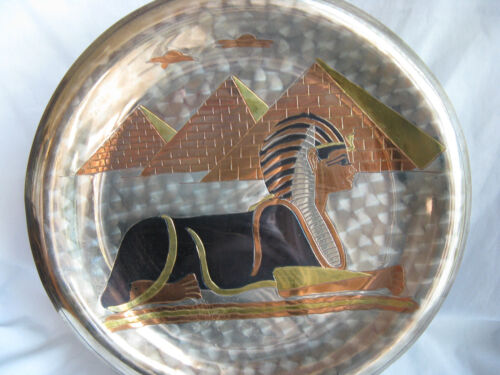 Egyptian Brass Wall Decor Plate Silver Plated Pyramid Sphinx Design 10" 