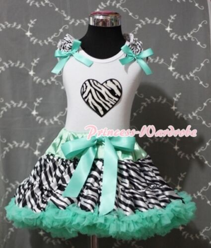 Aqua Blue Zebra Pettiskirt Skirt White Pettitop with Zebra Heart Girl Set 1-8Y
