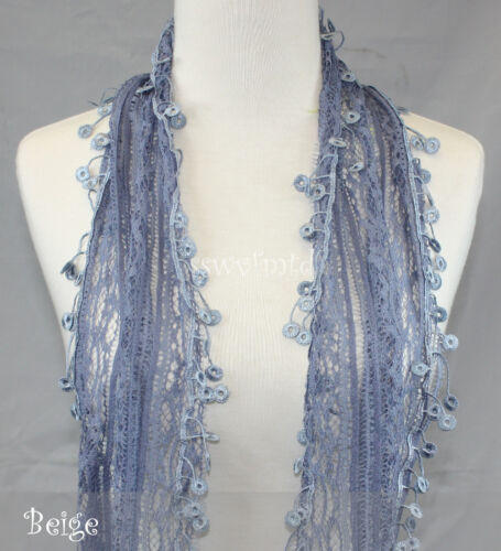 68" Lace Scarf Long Coins Fringe Embroidery Floral Black White Ivory Steel Blue 