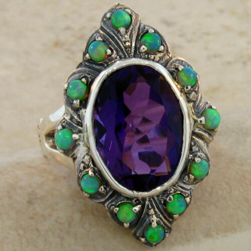 6 CT LAB AMETHYST & OPAL ANTIQUE VICTORIAN STYLE 925 SILVER RING SIZE 10    #521 
