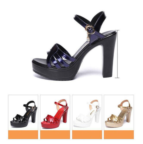 Women/'s Platform Block Heels Sandals Ankle Strap Patent Leather Slingback Shoes