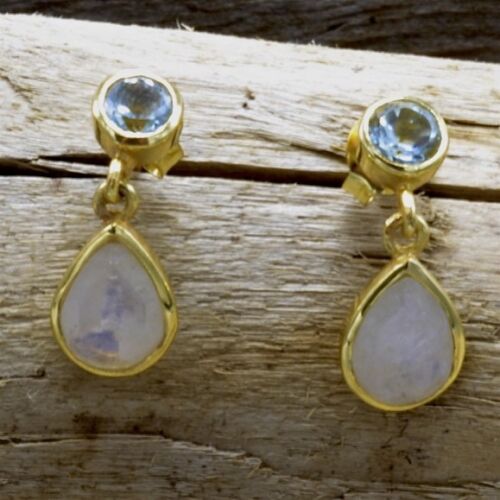 Earrings Blue Topaz and Moonstone Sterling Silver Gold Overlay Post Dangle