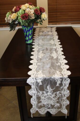 White Ivory Handmade Beaded Pearl Sheer Victorian Wedding Table Runner Placemats 