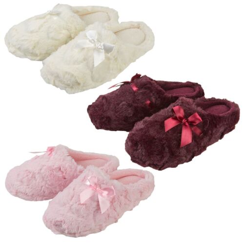 Ladies Faux Fur Knitted Slippers Memory Foam Mule Footsie Flip Flops Sizes 3-8 