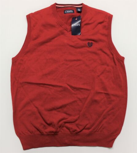Men's Chaps V-Neck Sweater Vest 100% Cotton Large Red 63703 